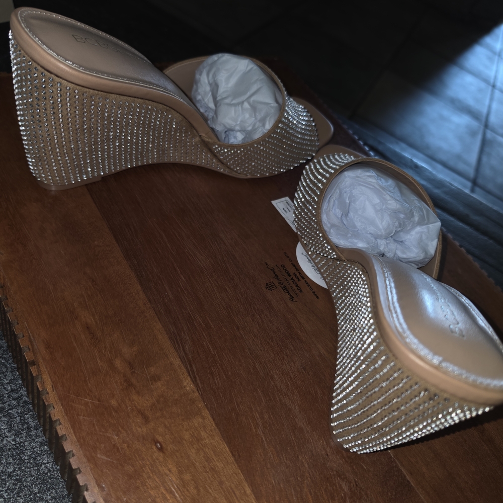 BCBGeneration Tan Rhinestone Slide Wedges - Picture 4 of 6